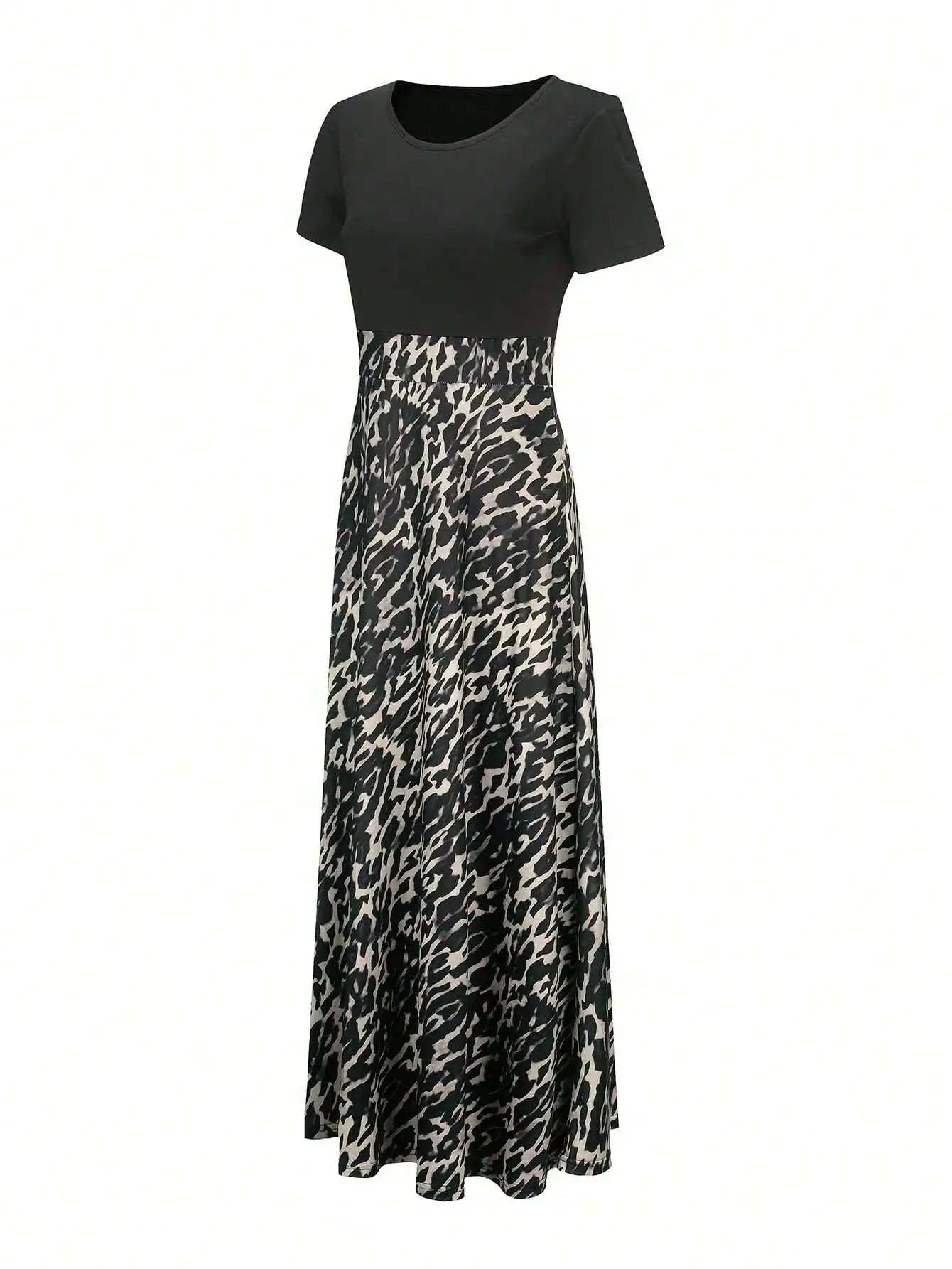 Black and White Polka Dot A-Line Maxi Dress with Short Sleeves