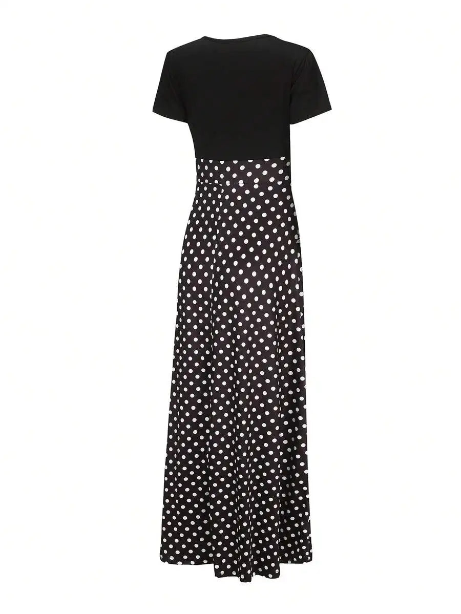 Black and White Polka Dot A-Line Maxi Dress with Short Sleeves