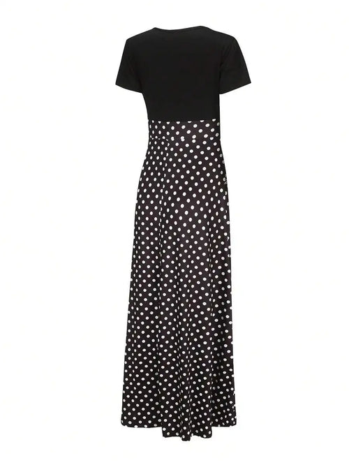Black and White Polka Dot A-Line Maxi Dress with Short Sleeves