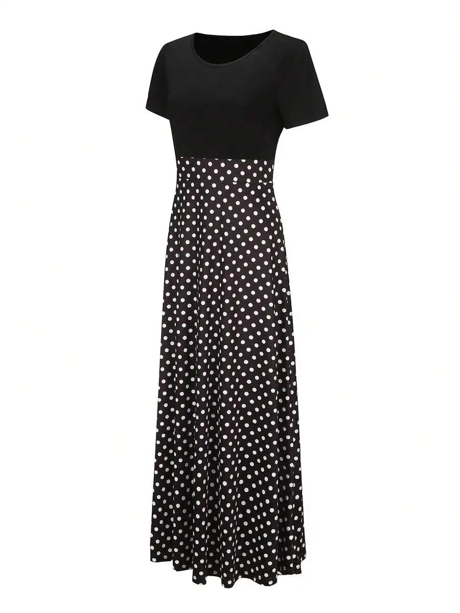 Black and White Polka Dot A-Line Maxi Dress with Short Sleeves