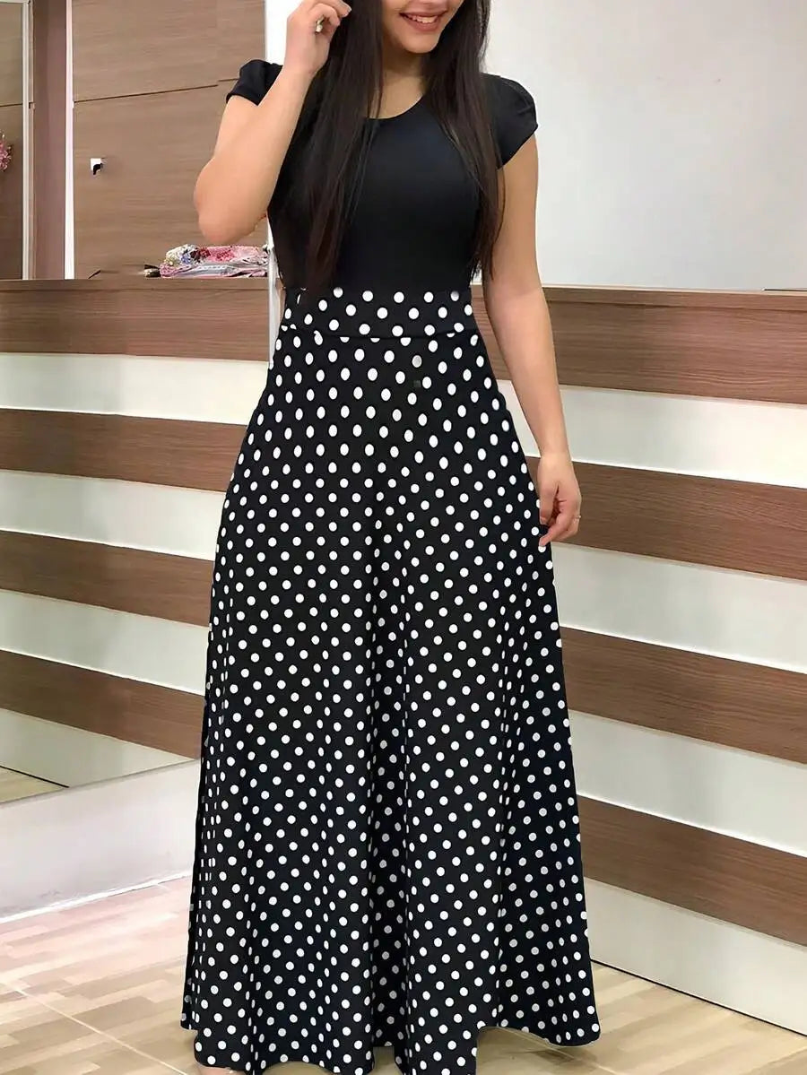 Black and White Polka Dot A-Line Maxi Dress with Short Sleeves